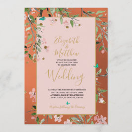 Invitación Coral Floral Elegante Boda Chinoiserie rosa Oro
