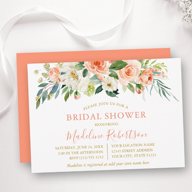 Invitación Coral Floral Gold Bridal Ducha (Customize to change text color, text style or color of back of card.)