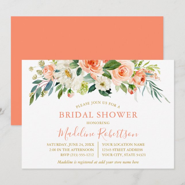 Invitación Coral Floral Gold Bridal Ducha (Anverso / Reverso)