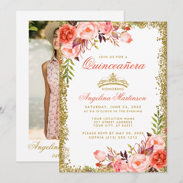 Invitación Coral Floral Quinceanera Purpurina de oro (Anverso / Reverso)