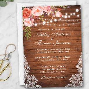 Invitación Coral Floral Rústico Boda Madera Luces Lace