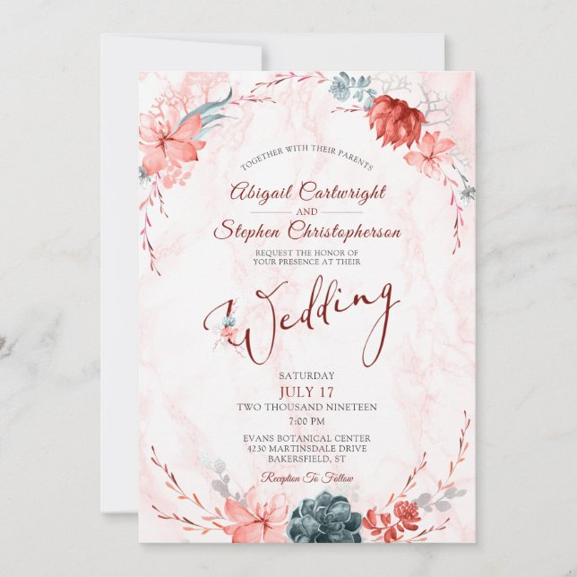 Invitación Coral Floral Succulum Marble Boda (Anverso)