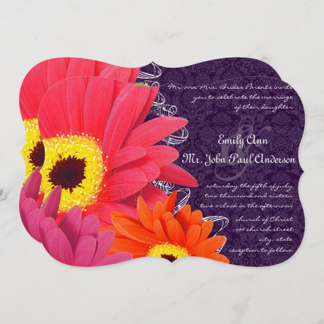 Invitación Coral Fuchsia Eggplant Gerber Daisy Boda (Anverso / Reverso)