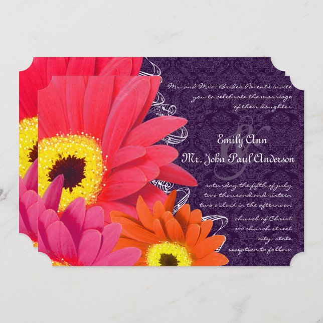 Invitación Coral Fuchsia Eggplant Gerber Daisy Boda (Anverso / Reverso)