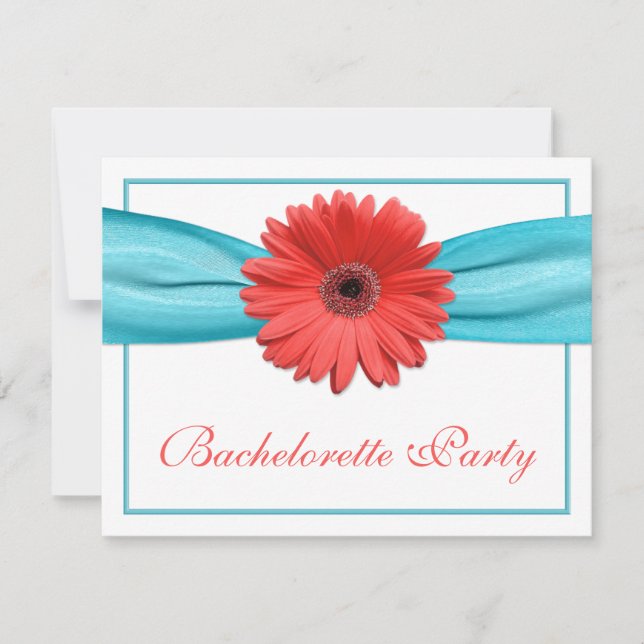 Invitación Coral Gerbera Daisy Aqua Ribbon Bachelorette (Anverso)