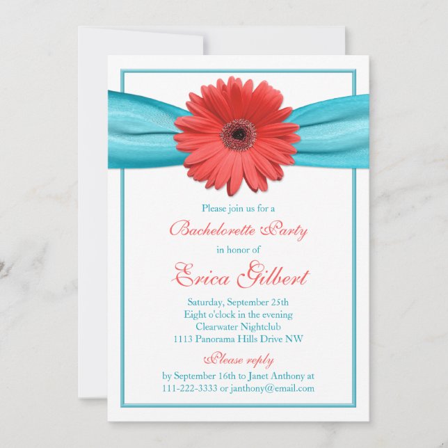 Invitación Coral Gerbera Daisy Aqua Ribbon Bachelorette (Anverso)