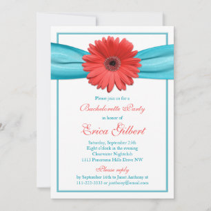 Invitación Coral Gerbera Daisy Aqua Ribbon Bachelorette