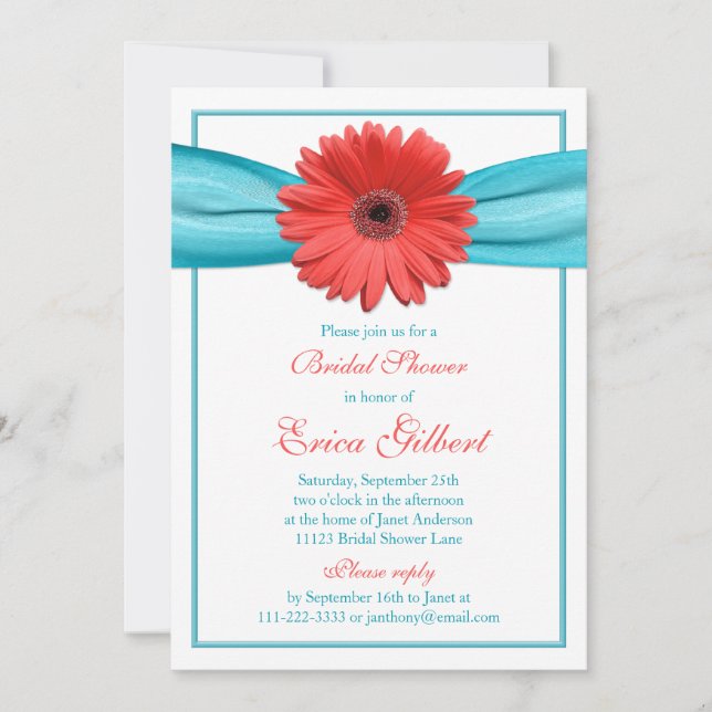 Invitación Coral Gerbera Daisy Aqua Ribbon Ducha De Novias (Anverso)