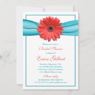 Invitación Coral Gerbera Daisy Aqua Ribbon Ducha De Novias