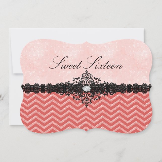 Invitación Coral Glitter Chevron & Damask Sweet16 (Anverso)