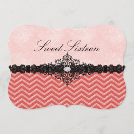 Invitación Coral Glitter Chevron & Damask Sweet16