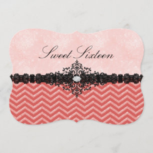 Invitación Coral Glitter Chevron & Damask Sweet16
