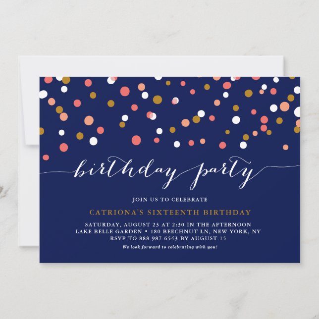 Invitación Coral & Gold Confetti Dots Blue Birday Party (Anverso)
