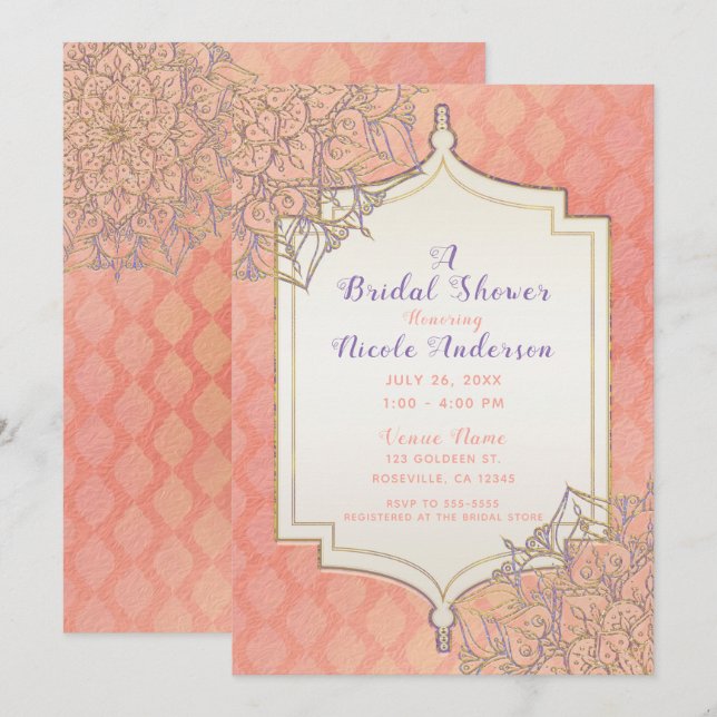 Invitación Coral Gold Lavender ducha de novia árabe marroquí (Anverso / Reverso)