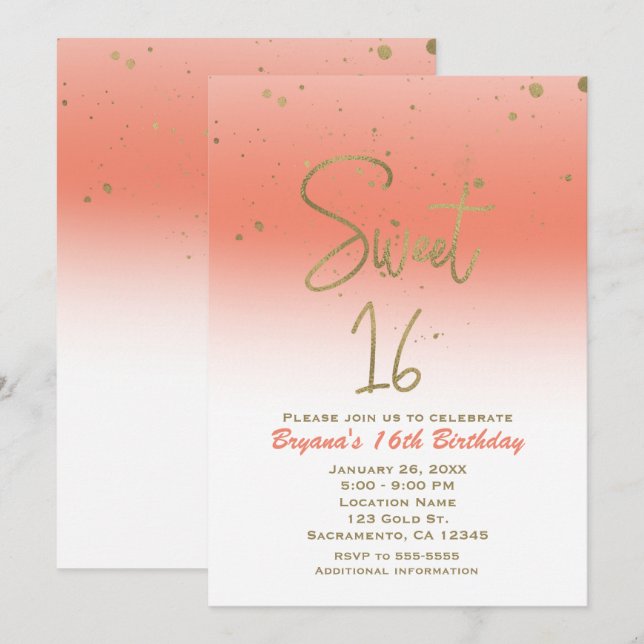 Invitación Coral & Gold Modern Glam SWEET 16 cumpleaños (Anverso / Reverso)