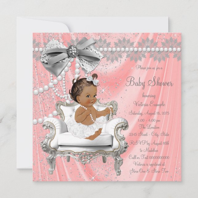 Invitación Coral Gray Pearl Chair Ethnic Chica Baby Shower (Anverso)
