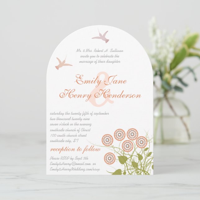 Invitación Coral Green Floral Hummingbird Amo Boda de Aves (Anverso de pie)