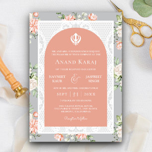 Invitación Coral gris floral Anand Karaj boda sij punjabi