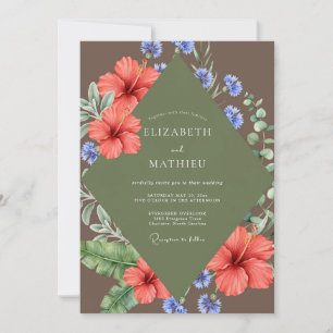 Invitación Coral Hibiscus Tropical Suave Boda de Eucalipto
