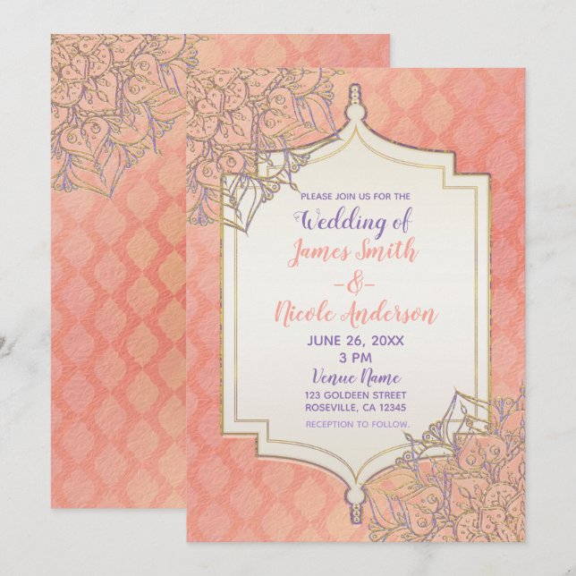 Invitación Coral Lavanda Dorado Glam Marroquí Boda India (Anverso / Reverso)