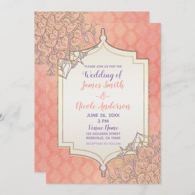 Invitación Coral Lavender Gold Boda hindú glam marroquí (Anverso / Reverso)