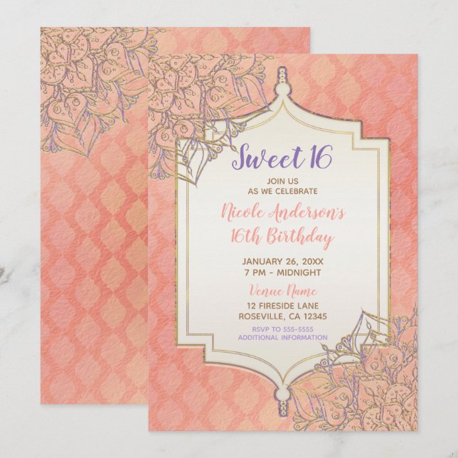 Invitación Coral Lavender Gold Marroquí Glam Sweet 16 Fiesta (Anverso / Reverso)