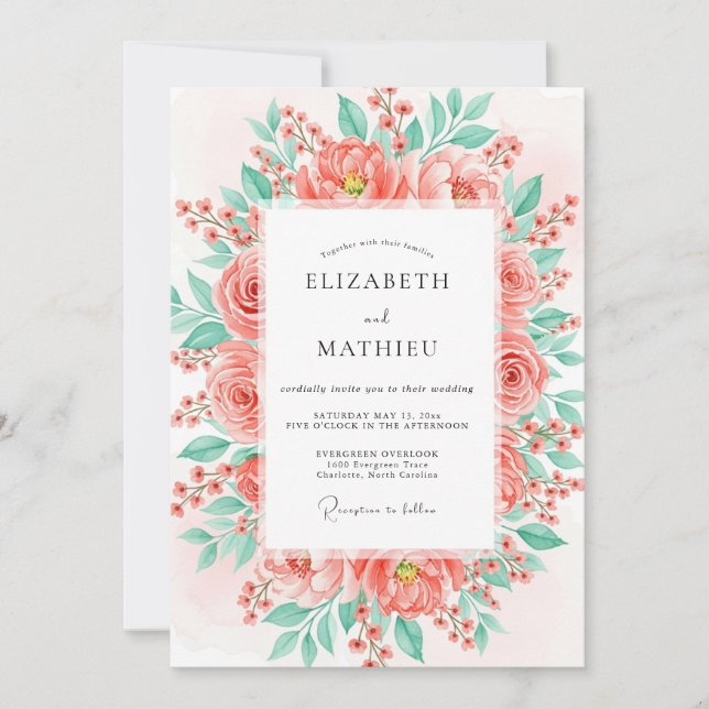 Invitación Coral Lush Floral Wedding (Anverso)