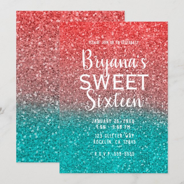 Invitación Coral Melón Naranja Turquesa Aqua Brillo Dulce 16 (Anverso / Reverso)