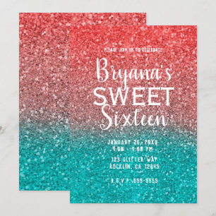 Invitación Coral Melón Naranja Turquesa Aqua Brillo Dulce 16