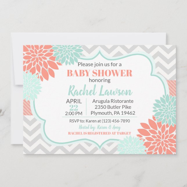 Invitación Coral & Mint Blooms Floral Baby Shower (Anverso)