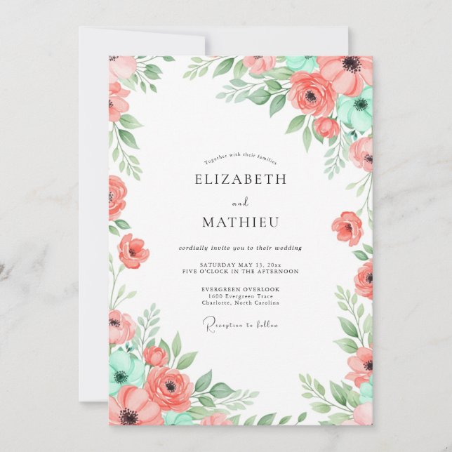 Invitación Coral Mint Botanical Bliss Wedding (Anverso)