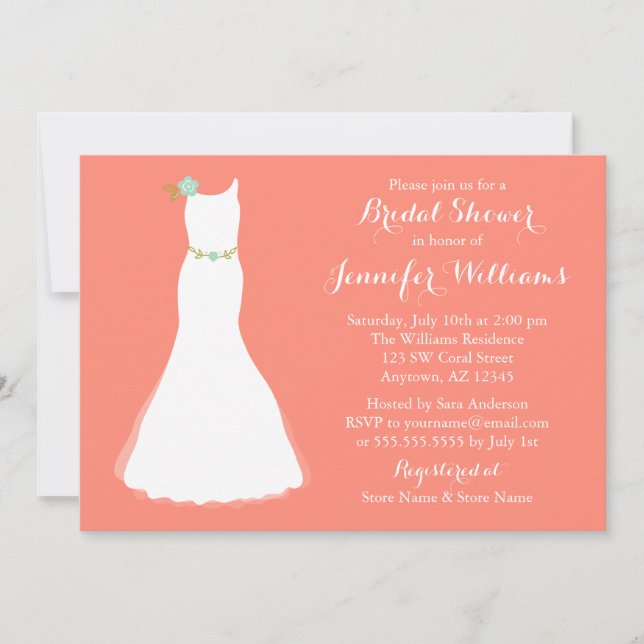 Invitación Coral Mint Floral Boda Gown Bridal Shower (Anverso)
