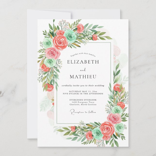 Invitación Coral Mint Romantic Floral Wedding (Anverso)