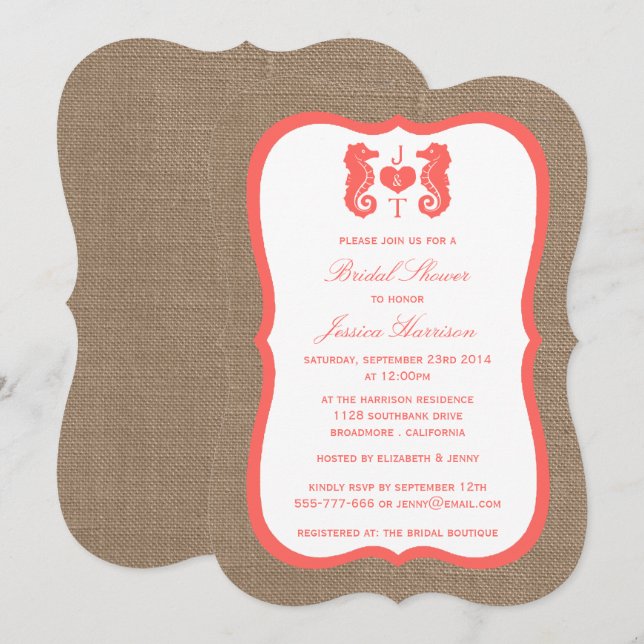 Invitación Coral Monogram Seahorse Beach Burlap Bridal Shower (Anverso / Reverso)