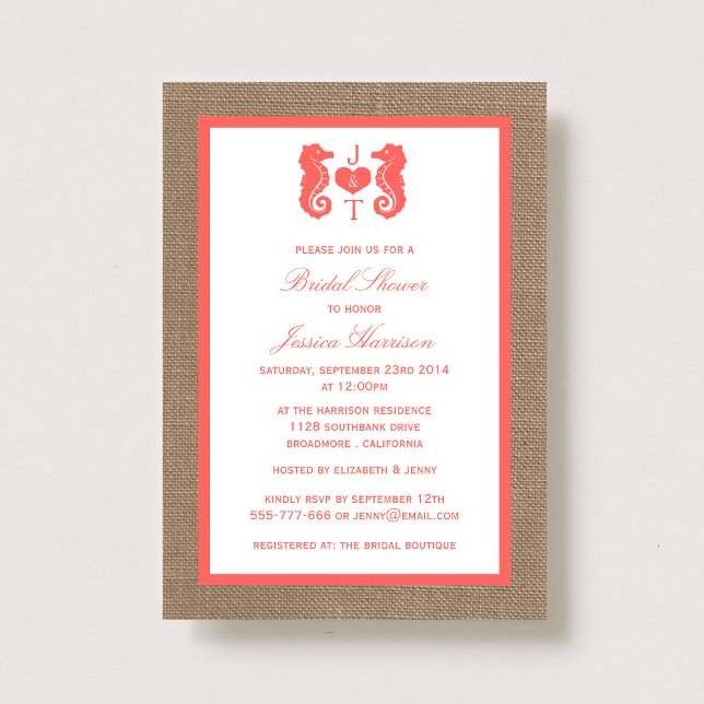 Invitación Coral Monogram Seahorse Beach Burlap Bridal Shower (Subido por el creador)