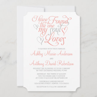 Invitación Coral Naranja Gray Soul ama al Boda del corazón