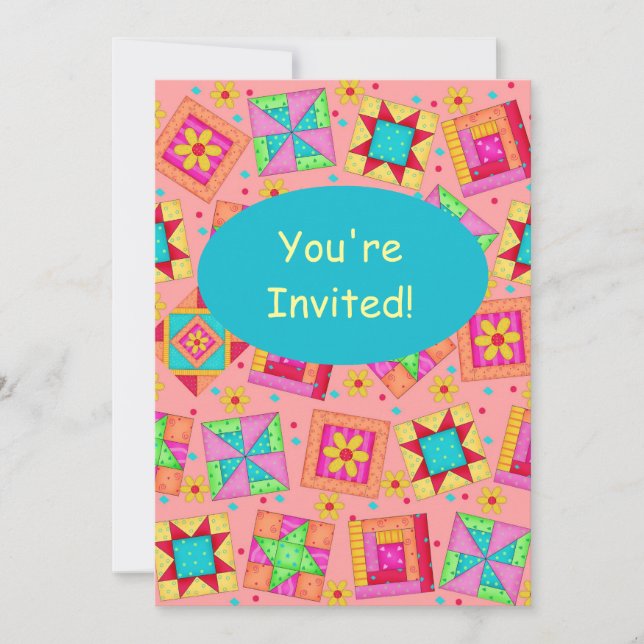 Invitación Coral Naranja Patchwork QuilBlock Art (Anverso)