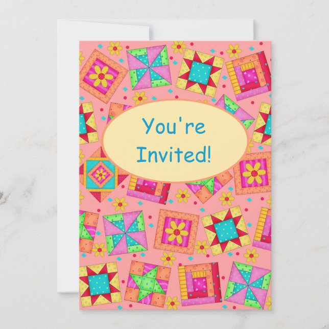 Invitación Coral Naranja Patchwork QuilBlock Art (Anverso)