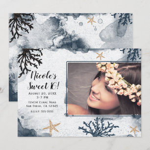 Invitación Coral Náutico Azul Acuarela Dulce Foto de 16