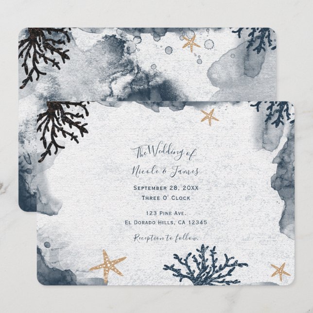 Invitación Coral Náutico Azul Acuarela Fiesta Elegante (Anverso / Reverso)