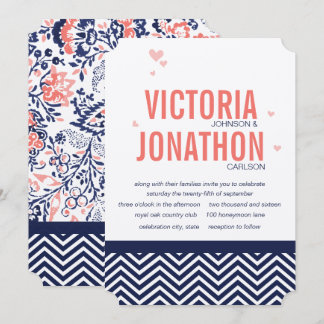 Invitación Coral Naval y Coral Zig Zag y Boda floral