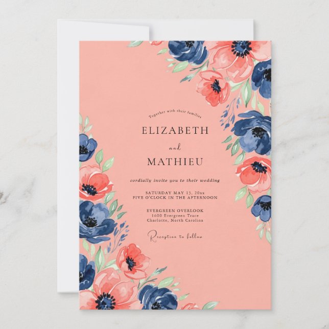 Invitación Coral Navy Blue Enchanting Summer Wedding (Anverso)
