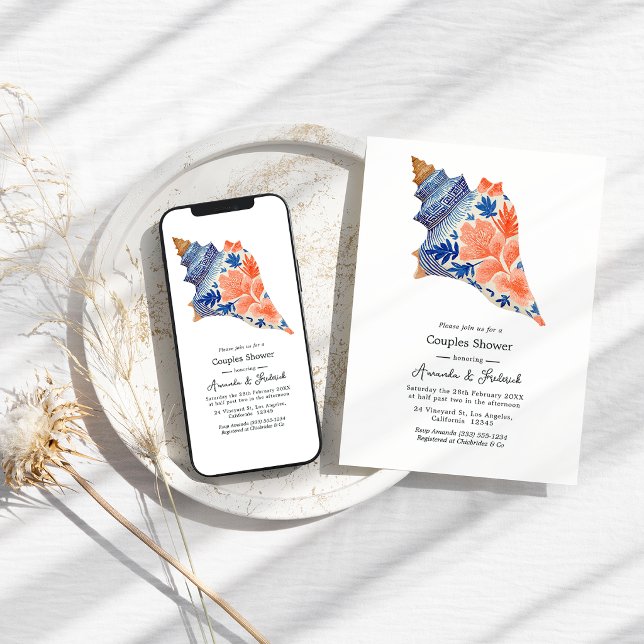 Invitación Coral & Navy Seashell Coastal Beach Couples Shower (Coral & Navy Seashell Coastal Beach Couples Shower Invitation)