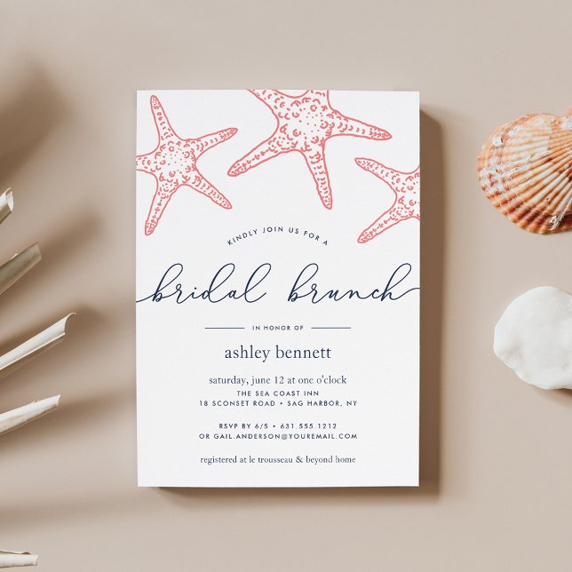 Invitación Coral & Navy Starfish Bridal Shower Brunch (Subido por el creador)