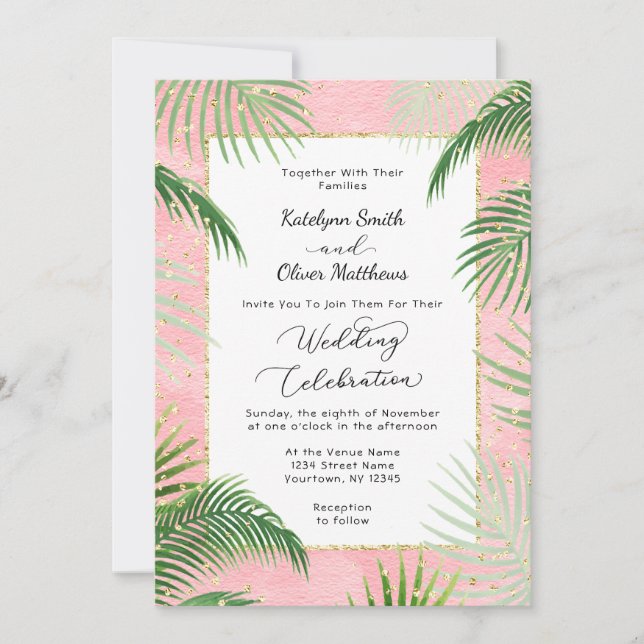Invitación Coral Palms Boda del Relieve metalizado dorado Bot (Anverso)