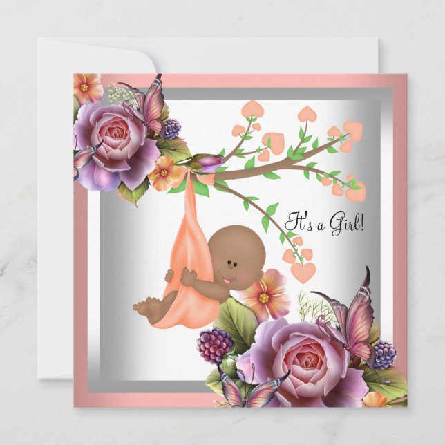 Invitación Coral Peach 2, Chica afroamericano de Baby Shower (Anverso)