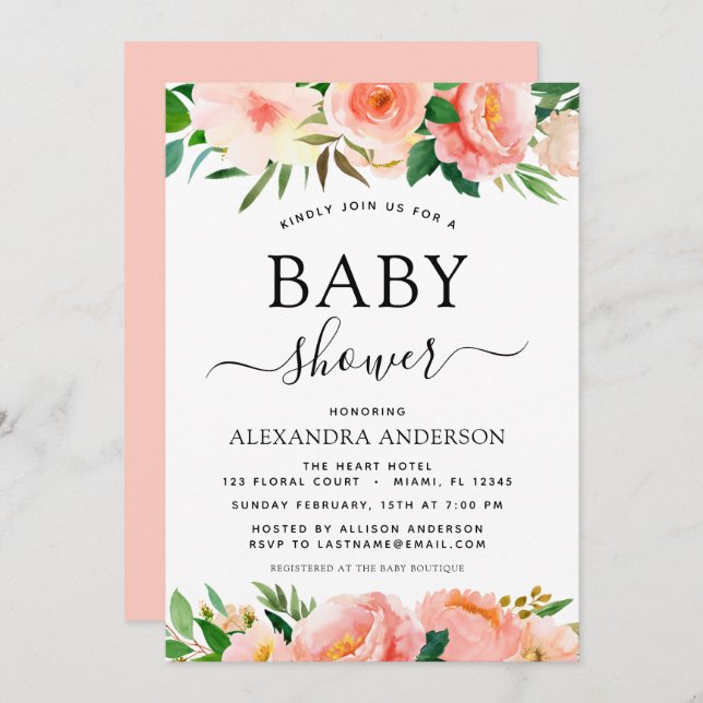 Invitación Coral Peach Baby Shower Floral Pastel (Anverso / Reverso)