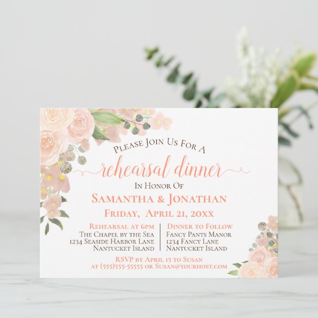 Invitación Coral Peach Boho Boda Floral Ensayo Cena (Anverso de pie)