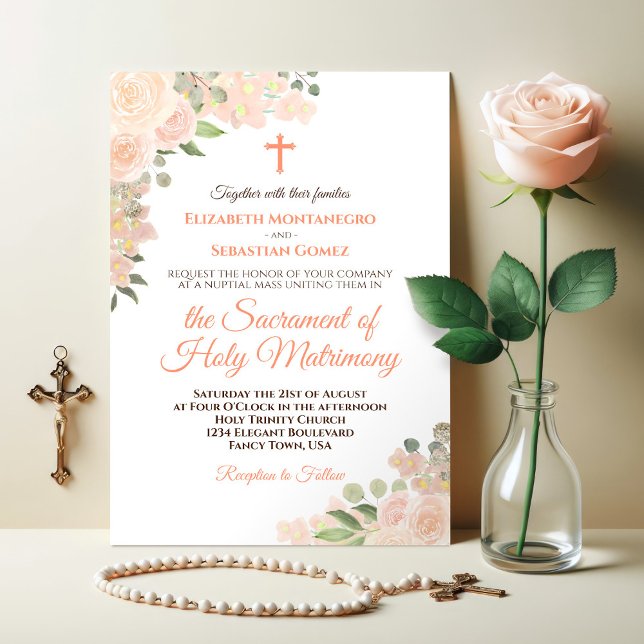 Invitación Coral Peach Boho Floral Moderno Boda Católico (Subido por el creador)