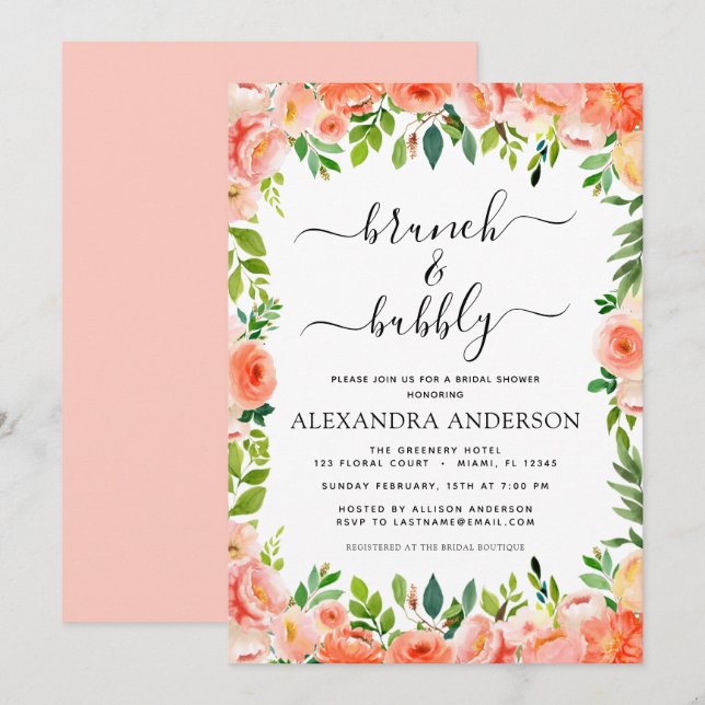 Invitación Coral Peach Brunch & Bubbly Bridal Shower (Anverso / Reverso)